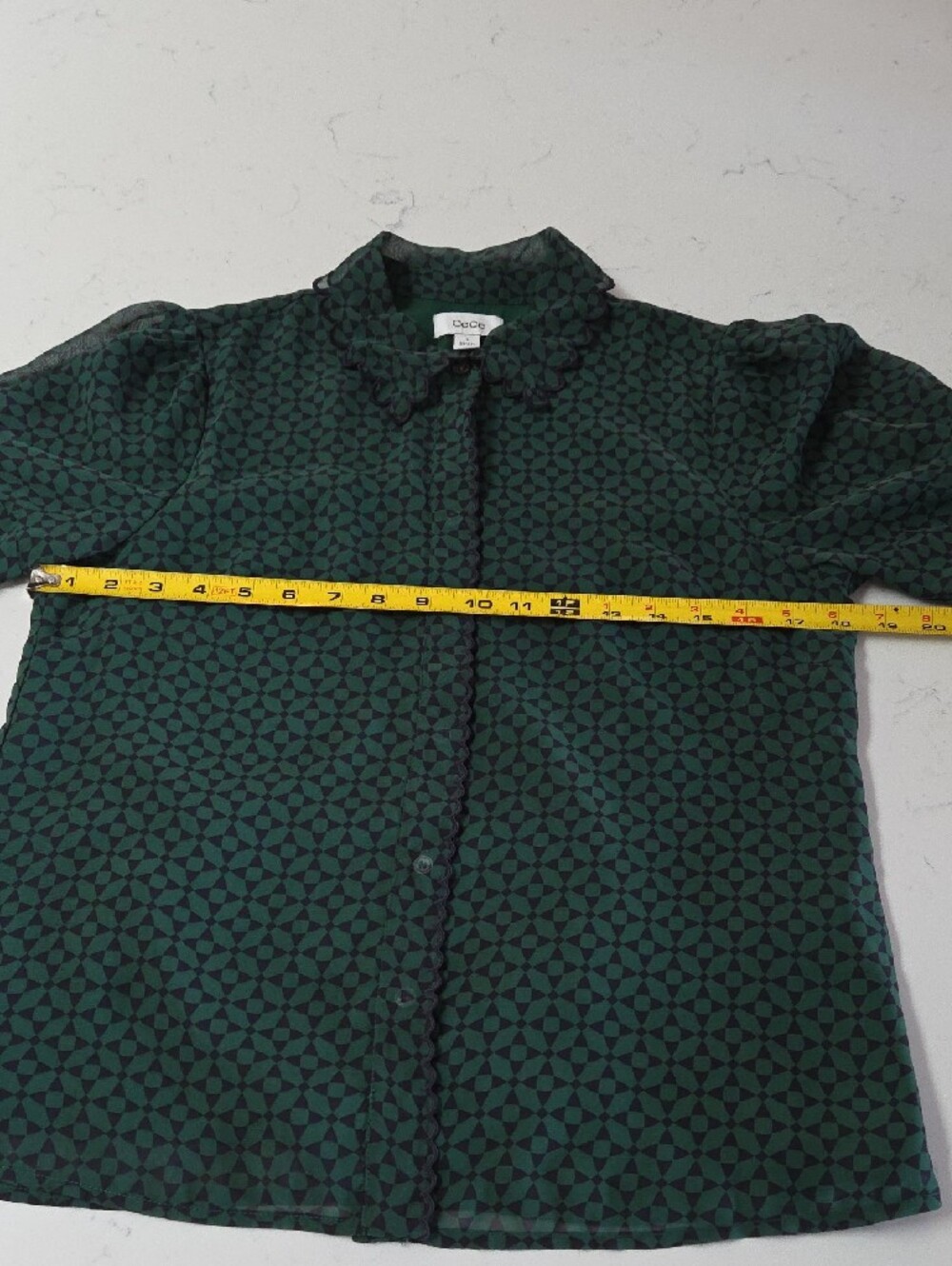 CeCe Teal and Navy Geometric Short-Sleeve Button Down Shirt - Picture 8 of 9